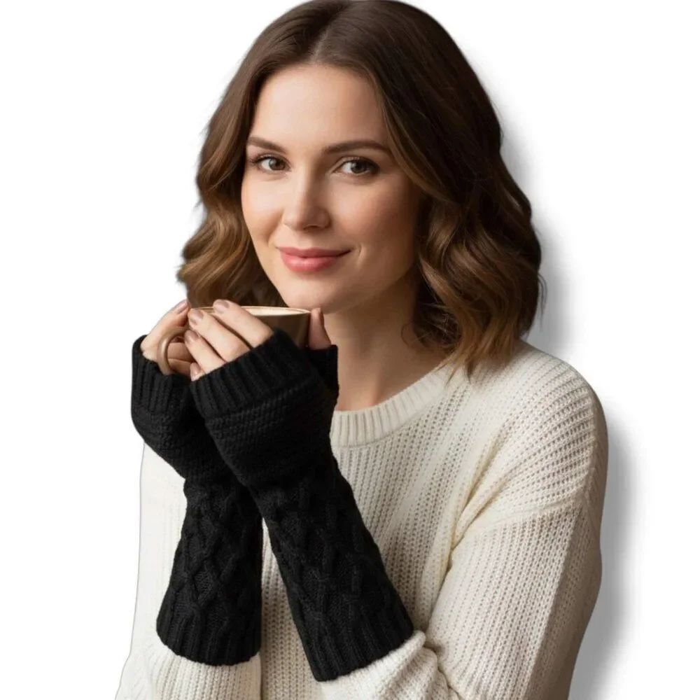 Long Black Cable Knit Arm Warmers Gloves Y2K Grunge Boho NWT